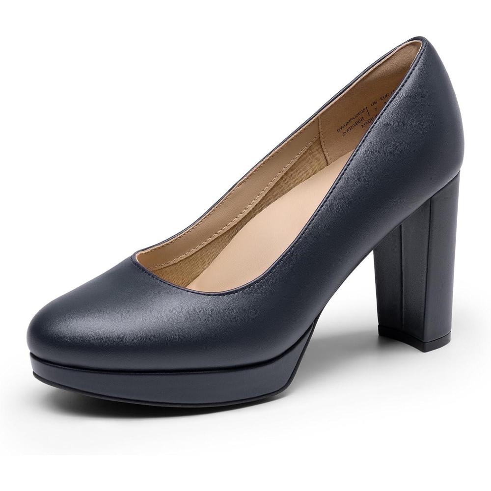 imageDREAM PAIRS Womens Pumps Closed Round Toe Chunky High Heels Platform Work Comfortable Dress Shoes for WomenNavypu