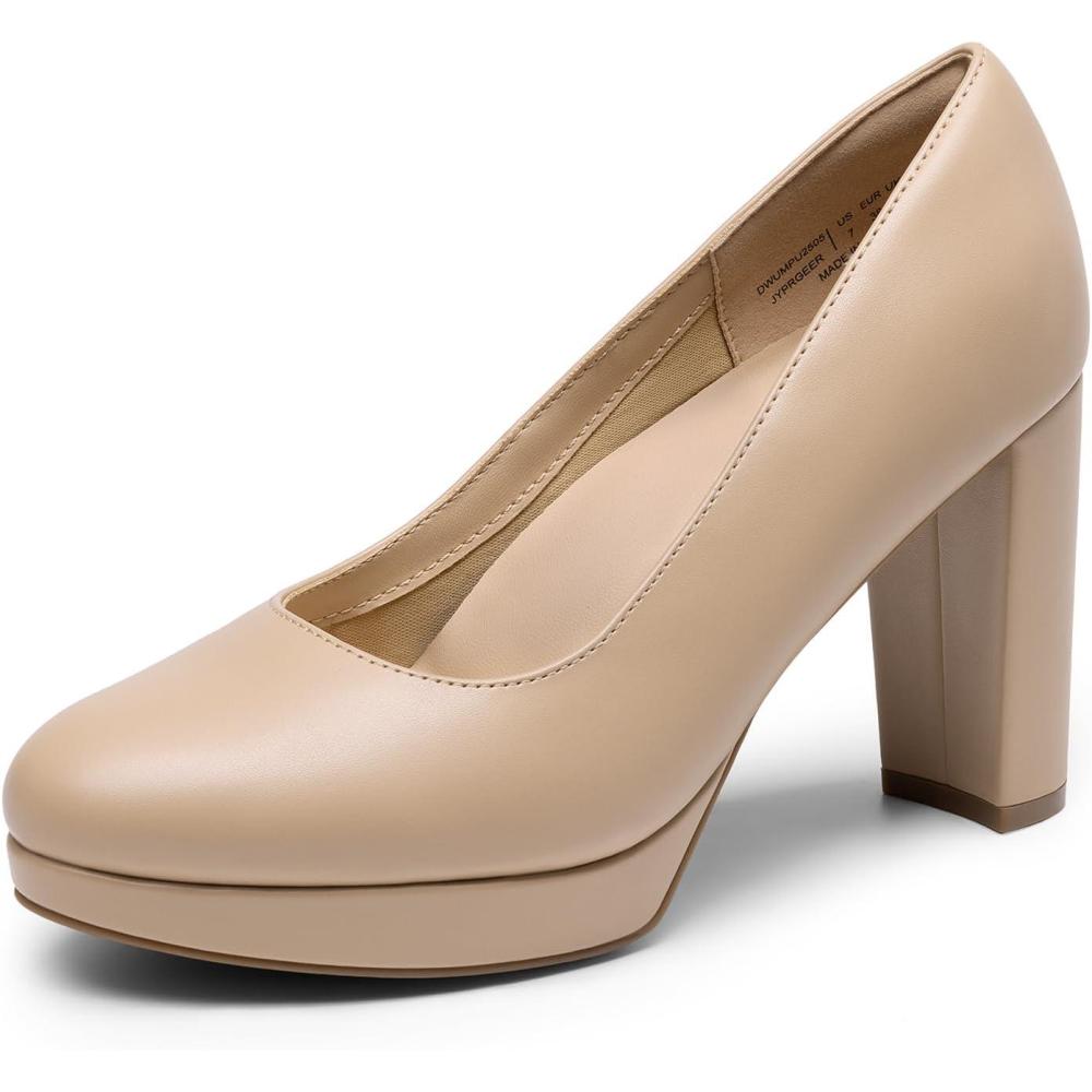 imageDREAM PAIRS Womens Pumps Closed Round Toe Chunky High Heels Platform Work Comfortable Dress Shoes for WomenNudepu