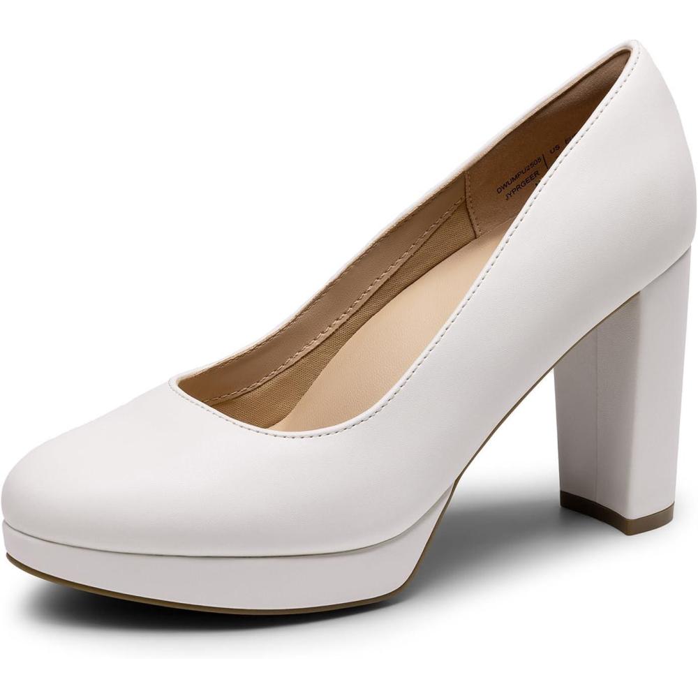 imageDREAM PAIRS Womens Pumps Closed Round Toe Chunky High Heels Platform Work Comfortable Dress Shoes for WomenWhitepu