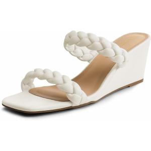 DREAM PAIRS Women Slides Wedge Sandals Braided Straps Square Open Toe Dress Casual Shoes(White)