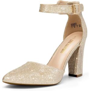 DREAM PAIRS Women’s Chunky High Heels Dress Pumps Closed Pointed Toe Block Ankle Strap Shoes for Wedding Party(Gold-glitter)