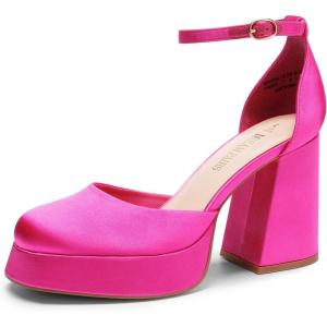 DREAM PAIRS Women’s Chunky Platform High Heels Closed Toe Block Ankle Strap Dress Wedding Party Pumps Shoes(Hot Pink-satin)
