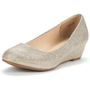 DREAM PAIRS Women’s Debbie Mid Wedge Heel Pump Shoes(Gold/Glitter)