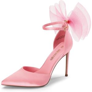 DREAM PAIRS Women’s High Heels Strappy Closed Toe Stiletto Pointed Toe Mesh Bows Ankle Strap D’Orsay Sexy Dress Wedding Party Pumps Shoes(Pink)