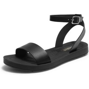DREAM PAIRS Women’s One Band Ankle Strap Buckle Flat Sandals(All Black-pu)