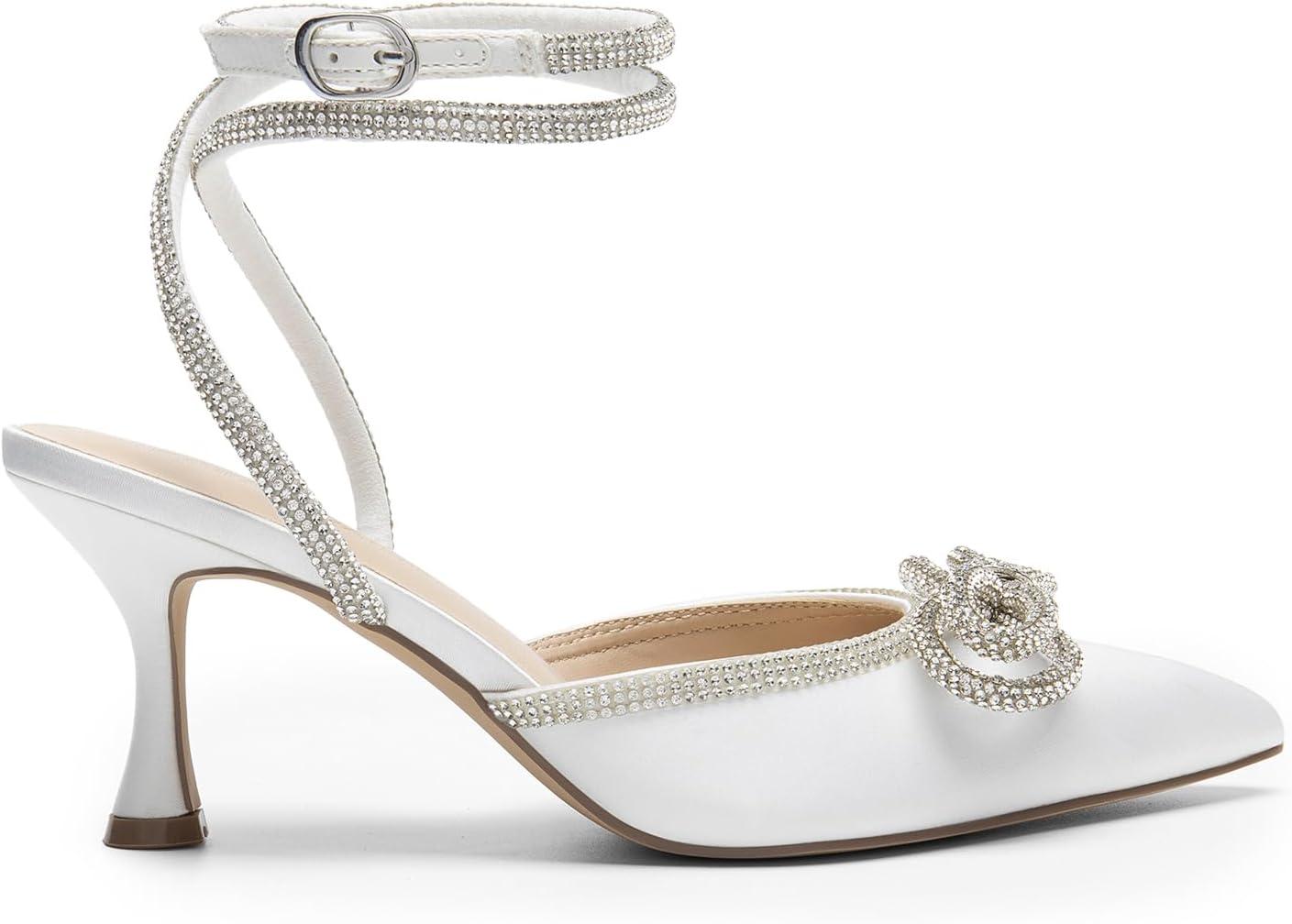 imageDREAM PAIRS Kitten Heels Rhinestone Bow Ankle Strap Stiletto Pointed Closed Toe Heels for Women Pumps Wedding Bridal Party Dress ShoesWhite