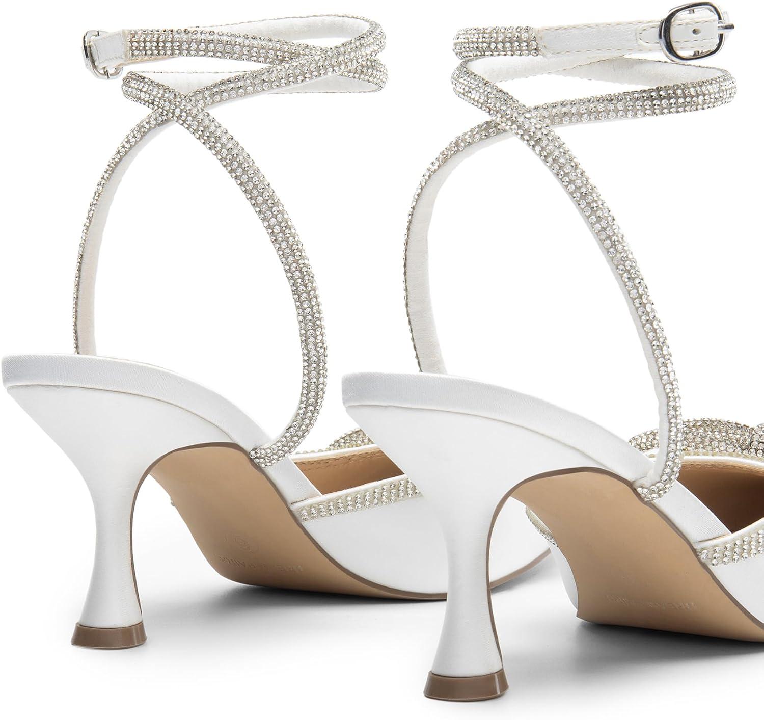 imageDREAM PAIRS Kitten Heels Rhinestone Bow Ankle Strap Stiletto Pointed Closed Toe Heels for Women Pumps Wedding Bridal Party Dress ShoesWhite
