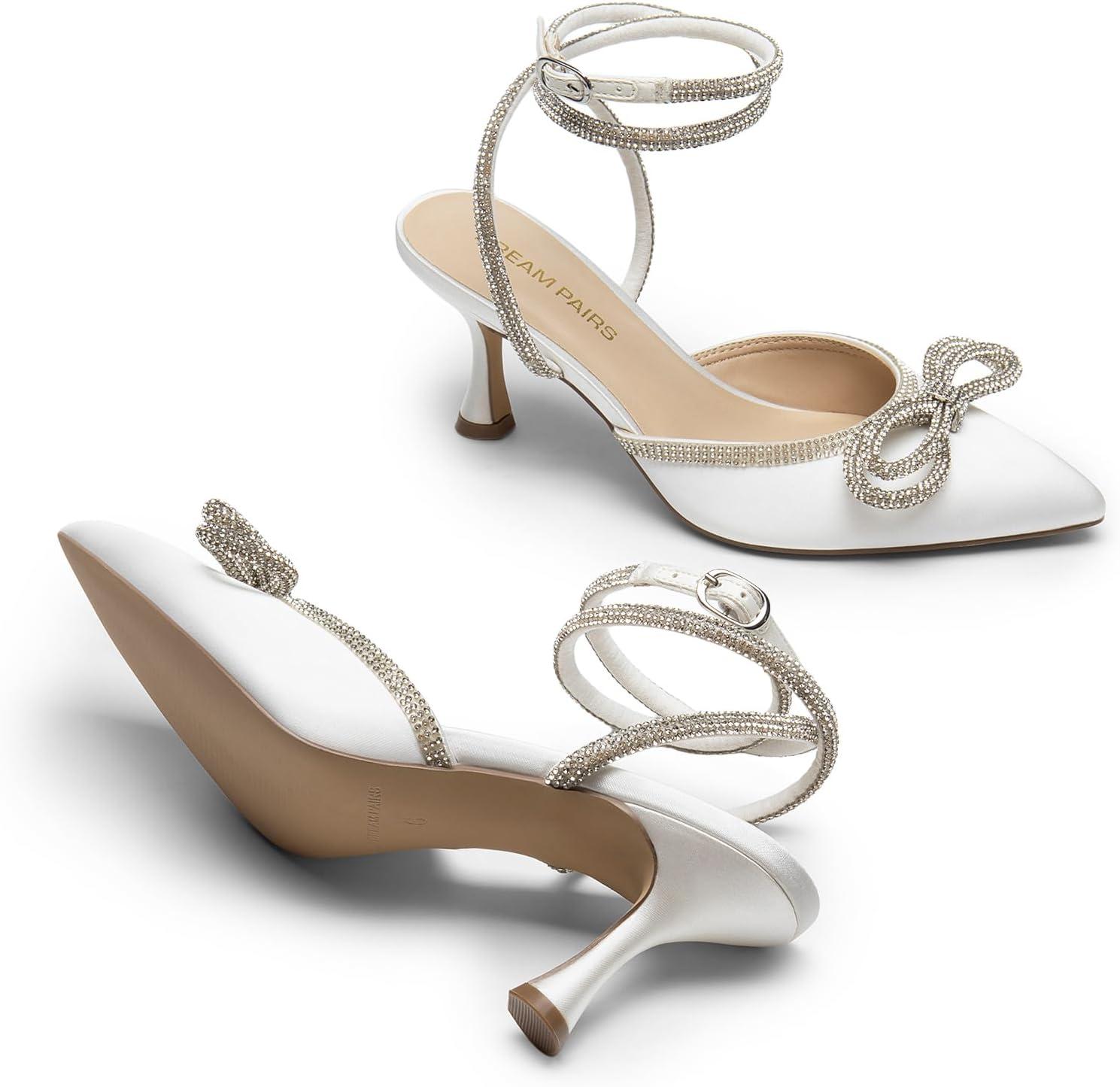 imageDREAM PAIRS Kitten Heels Rhinestone Bow Ankle Strap Stiletto Pointed Closed Toe Heels for Women Pumps Wedding Bridal Party Dress ShoesWhite