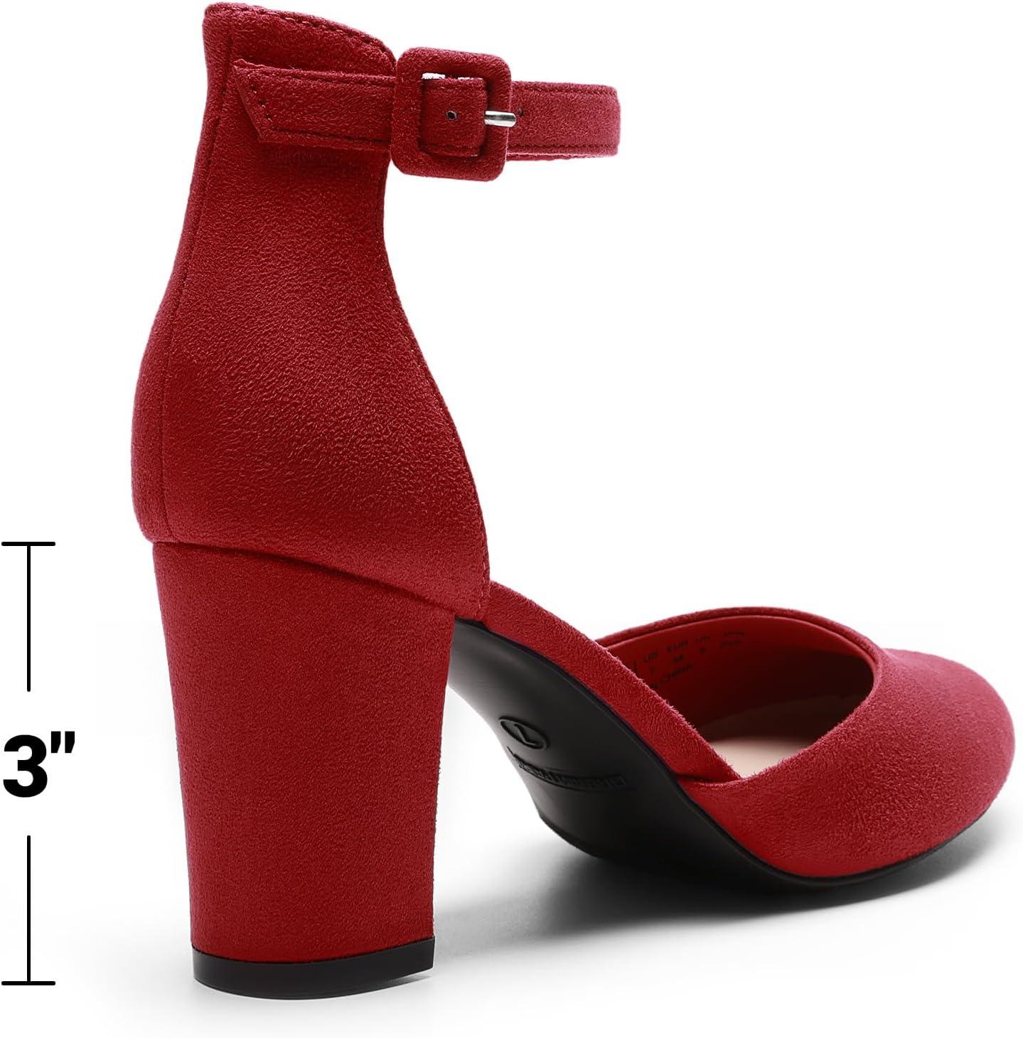 imageDREAM PAIRS Womens Closed Toe Chunky Heels Ankle Strap Low Block Heels Round Toe Dress Bridal Wedding Pumps ShoesRed