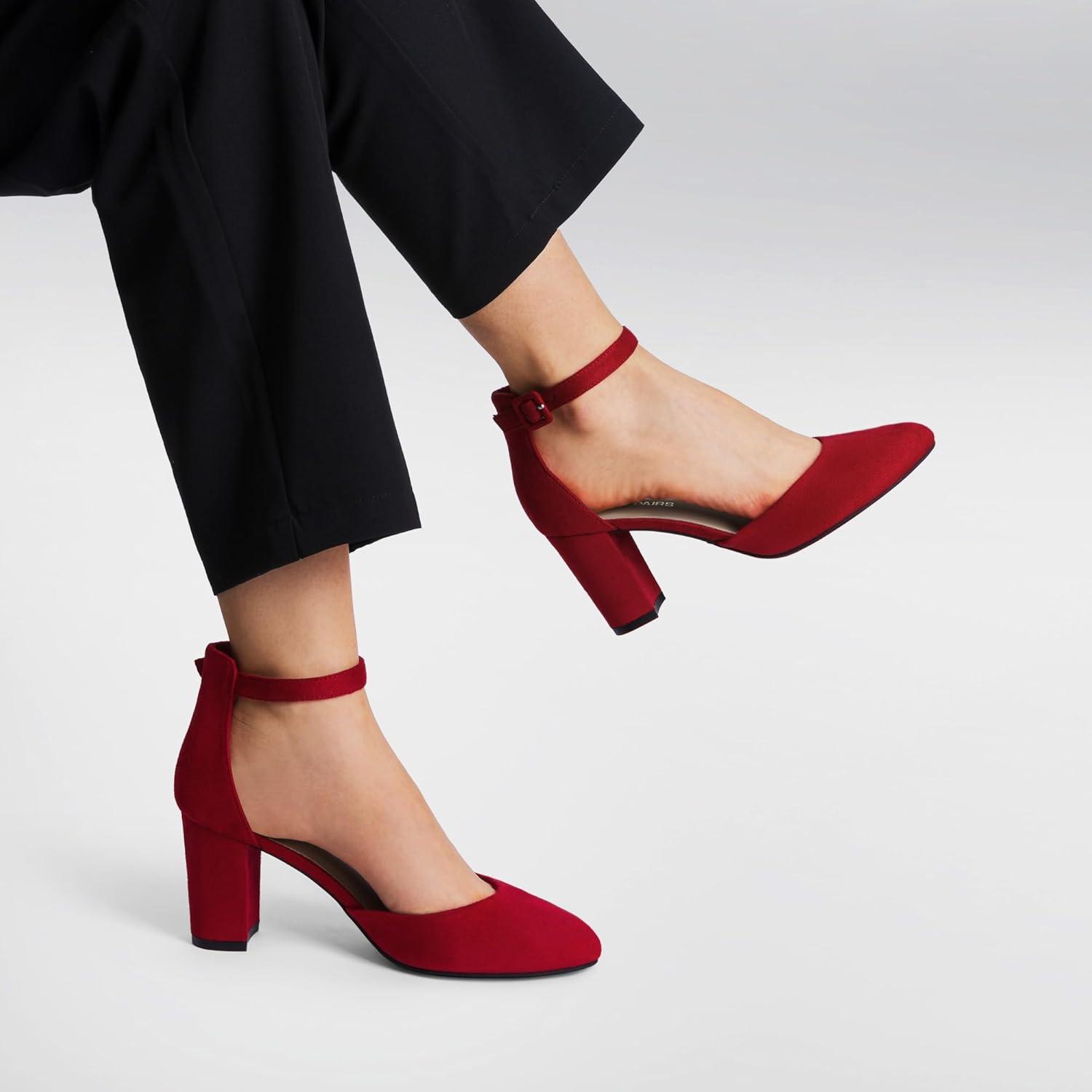 imageDREAM PAIRS Womens Closed Toe Chunky Heels Ankle Strap Low Block Heels Round Toe Dress Bridal Wedding Pumps ShoesRed