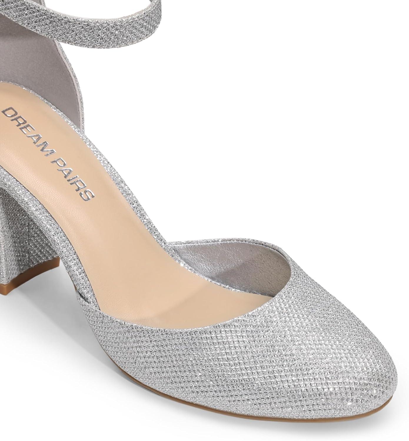 imageDREAM PAIRS Womens Closed Toe Chunky Heels Ankle Strap Low Block Heels Round Toe Dress Bridal Wedding Pumps ShoesSilverglitter