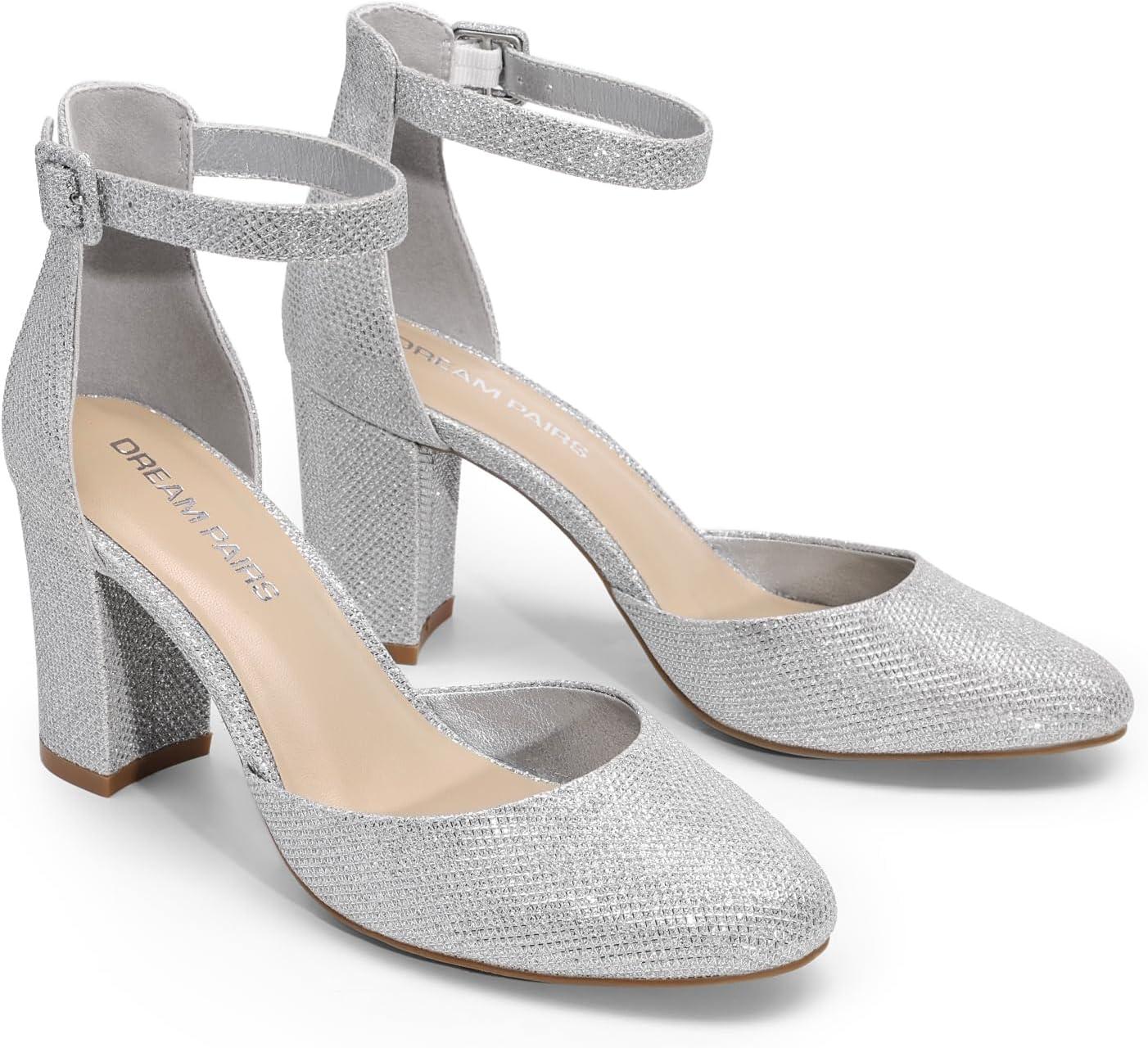imageDREAM PAIRS Womens Closed Toe Chunky Heels Ankle Strap Low Block Heels Round Toe Dress Bridal Wedding Pumps ShoesSilverglitter