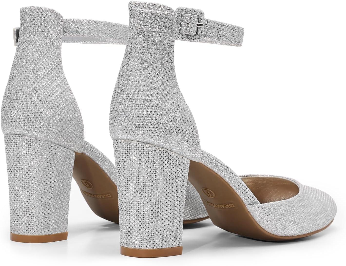 imageDREAM PAIRS Womens Closed Toe Chunky Heels Ankle Strap Low Block Heels Round Toe Dress Bridal Wedding Pumps ShoesSilverglitter