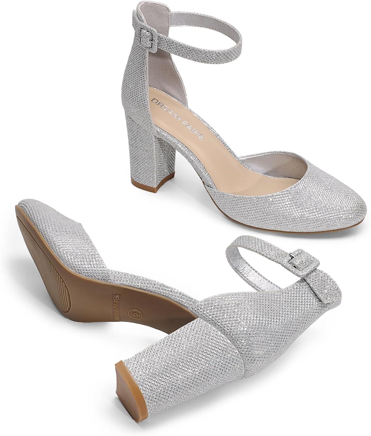 imageDREAM PAIRS Womens Closed Toe Chunky Heels Ankle Strap Low Block Heels Round Toe Dress Bridal Wedding Pumps ShoesSilverglitter