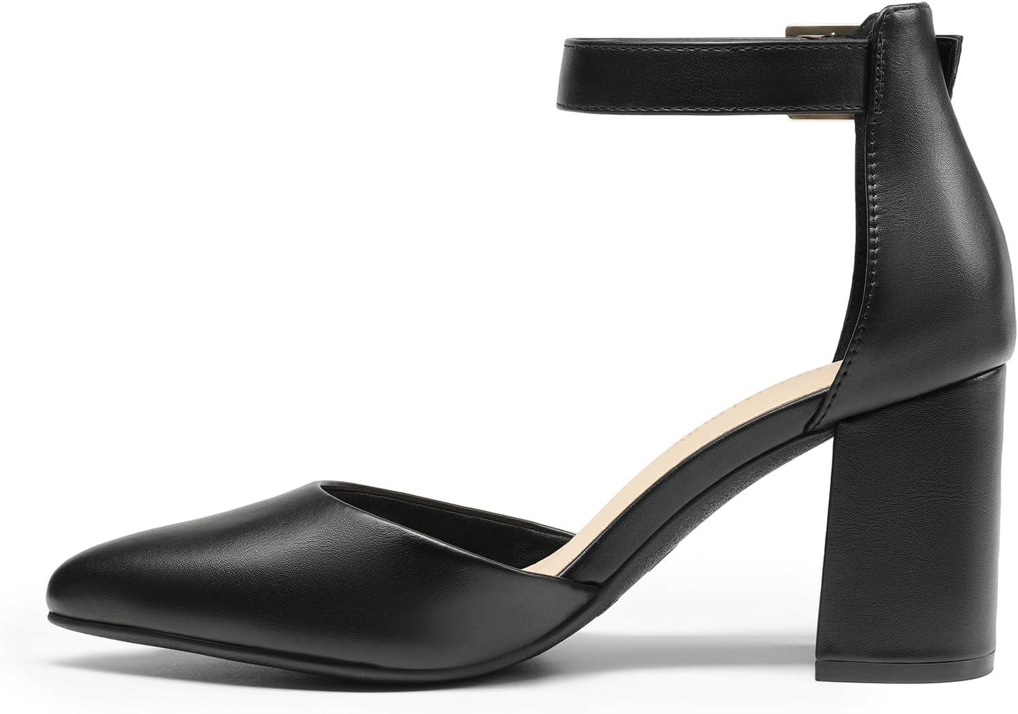 imageDREAM PAIRS Womens Coco High Heels Chunky Block Pumps Pointed Closed Toe Ankle Strap Dress ShoesBlackpu