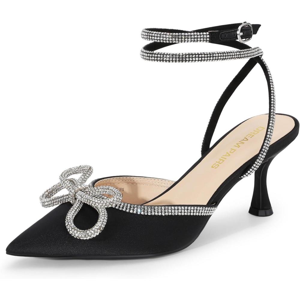 imageDREAM PAIRS Kitten Heels Rhinestone Bow Ankle Strap Stiletto Pointed Closed Toe Heels for Women Pumps Wedding Bridal Party Dress ShoesBlack