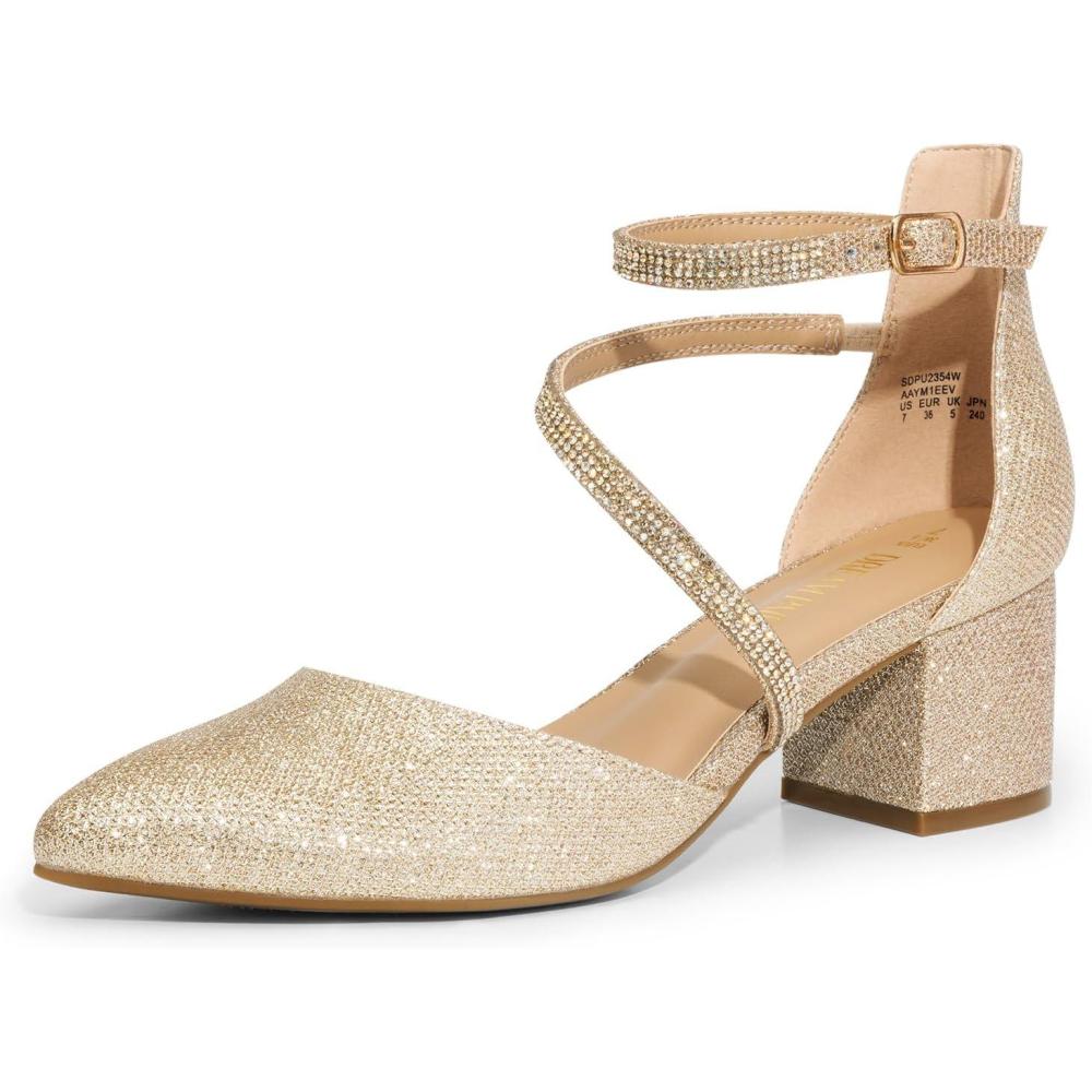 imageDREAM PAIRS Womens Closed Pointed Toe Low Chunky Heels Pumps Ankle Strap Wedding Business Dressy ShoesGold