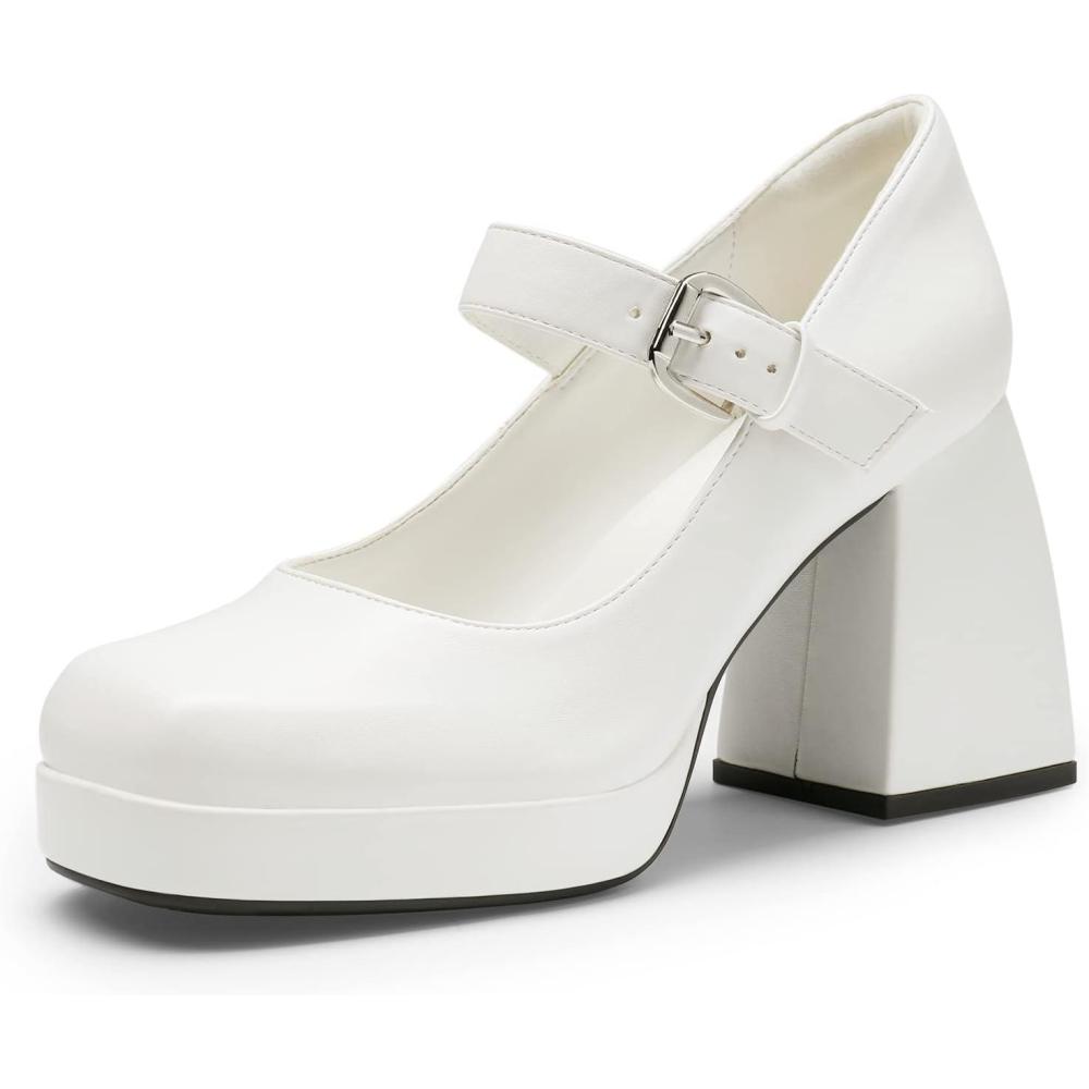 imageDREAM PAIRS Womens High Chunky Platform Closed Toe Mary Jane Block Heels Square Toe Strappy Dress Wedding Party Pumps ShoesWhitepu