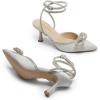 DREAM PAIRS Kitten Heels Rhinestone Bow Ankle Strap Stiletto Pointed Closed Toe Heels for Women Pumps Wedding Bridal Party Dress Shoes(Silver)