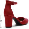 DREAM PAIRS Women’s Closed Toe Chunky Heels Ankle Strap Low Block Heels Round Toe Dress Bridal Wedding Pumps Shoes(Red)