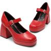 DREAM PAIRS Women’s High Chunky Platform Closed Toe Mary Jane Block Heels Square Toe Strappy Dress Wedding Party Pumps Shoes(Red-pu)