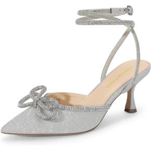 DREAM PAIRS Kitten Heels Rhinestone Bow Ankle Strap Stiletto Pointed Closed Toe Heels for Women Pumps Wedding Bridal Party Dress Shoes(Silver)