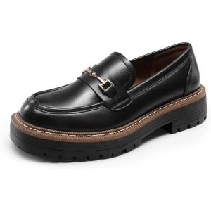 DREAM PAIRS Loafers for Women Platform Chunky Heel Slip On Loafers Business Office Casual Dressy Loafer Shoes(Black-pu)