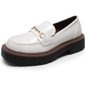 DREAM PAIRS Loafers for Women Platform Chunky Heel Slip On Loafers Business Office Casual Dressy Loafer Shoes(White)