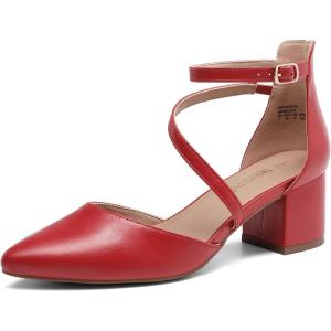 DREAM PAIRS Women’s Closed Pointed Toe Low Chunky Heels Pumps Ankle Strap Wedding Business Dressy Shoes(Red-pu)