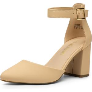 DREAM PAIRS Women’s Coco High Heels Chunky Block Pumps Pointed Closed Toe Ankle Strap Dress Shoes(Nude-nubuck)