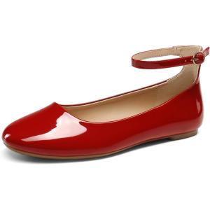 DREAM PAIRS Women’s Dressy Ballet Flats Shoes Round Toe Comfortable Ankle Strap Patent Ballerina Flats Shoes(Red)