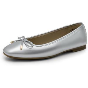 DREAM PAIRS Women’s Flats Square Toe Ballet Flats Comfortable Casual Ballerina Flat Dress Shoes with Bow Suitable for Dressy Business Casual Work Office(Silver)