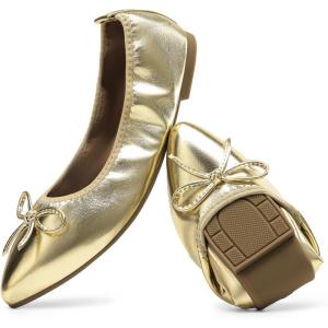 DREAM PAIRS Women’s Foldable Flats Shoes Pointed Toe Ballet Flats Bowknot Comfort Slip on Dress Shoes(Gold)