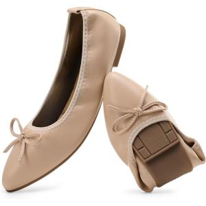 DREAM PAIRS Women’s Foldable Flats Shoes Pointed Toe Ballet Flats Bowknot Comfort Slip on Dress Shoes(Nude)