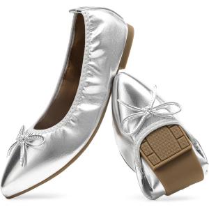 DREAM PAIRS Women’s Foldable Flats Shoes Pointed Toe Ballet Flats Bowknot Comfort Slip on Dress Shoes(Silver)