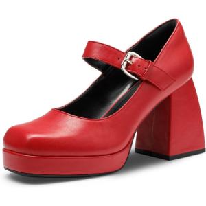 DREAM PAIRS Women’s High Chunky Platform Closed Toe Mary Jane Block Heels Square Toe Strappy Dress Wedding Party Pumps Shoes(Red-pu)