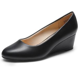 DREAM PAIRS Women’s Low Wedges Heels Closed Round Toe Pumps Comfortable Slip On Dress Work Wedding Shoes(Black-pu)