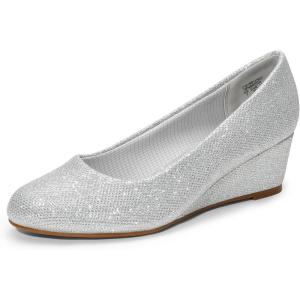 DREAM PAIRS Women’s Low Wedges Heels Closed Round Toe Pumps Comfortable Slip On Dress Work Wedding Shoes(Silver)