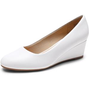 DREAM PAIRS Women’s Low Wedges Heels Closed Round Toe Pumps Comfortable Slip On Dress Work Wedding Shoes(White)