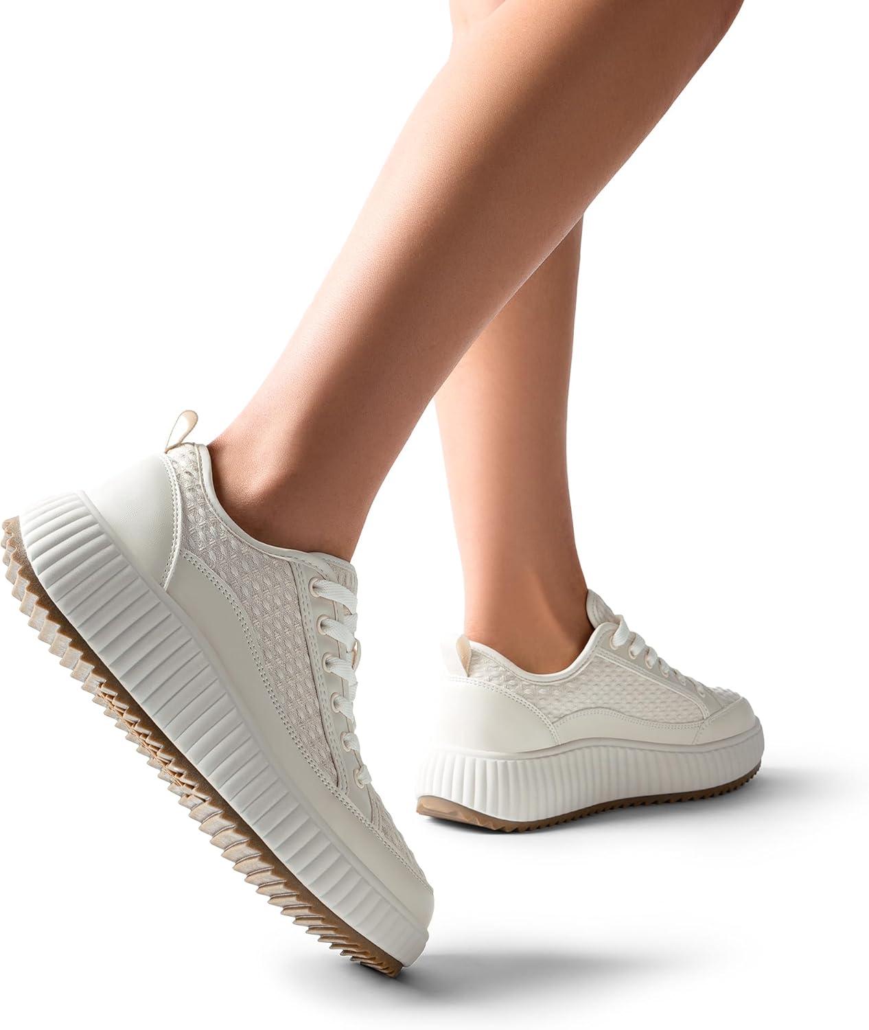 imageDREAM PAIRS Women Platform Chunky Lightweight Comfortable Casual LaceUp Sky Walking Fashion SneakersBeige