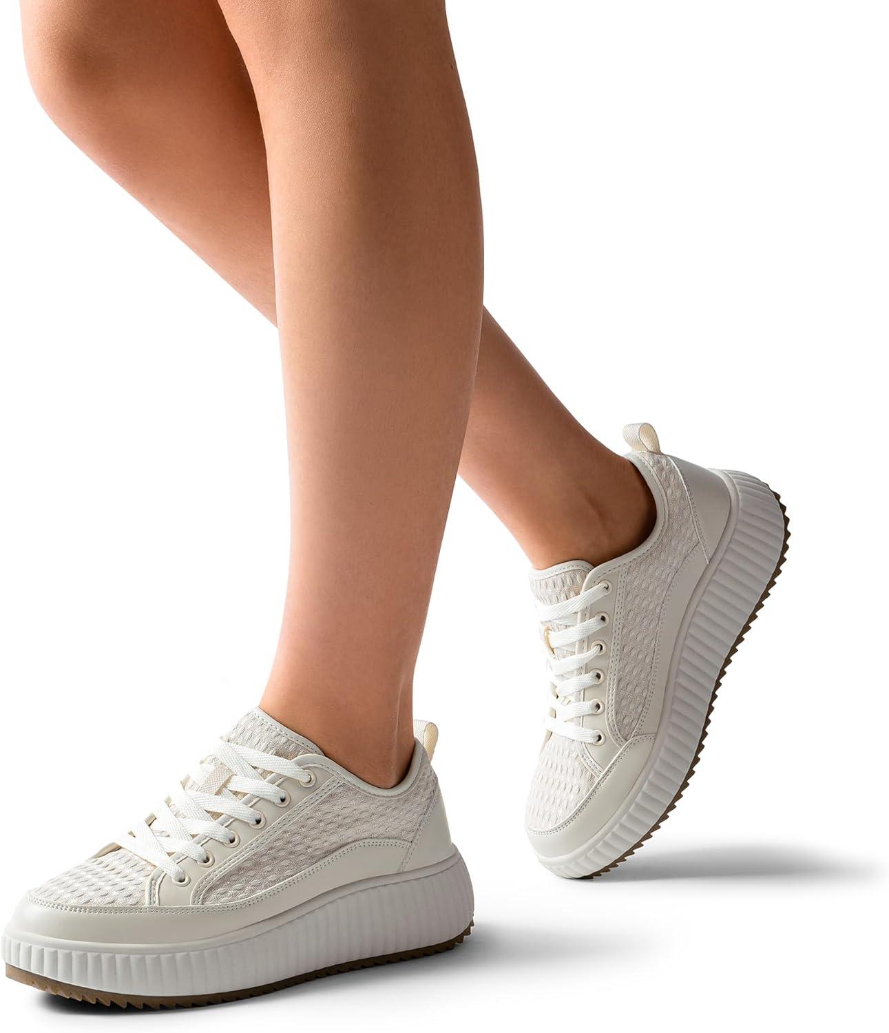 imageDREAM PAIRS Women Platform Chunky Lightweight Comfortable Casual LaceUp Sky Walking Fashion SneakersBeige