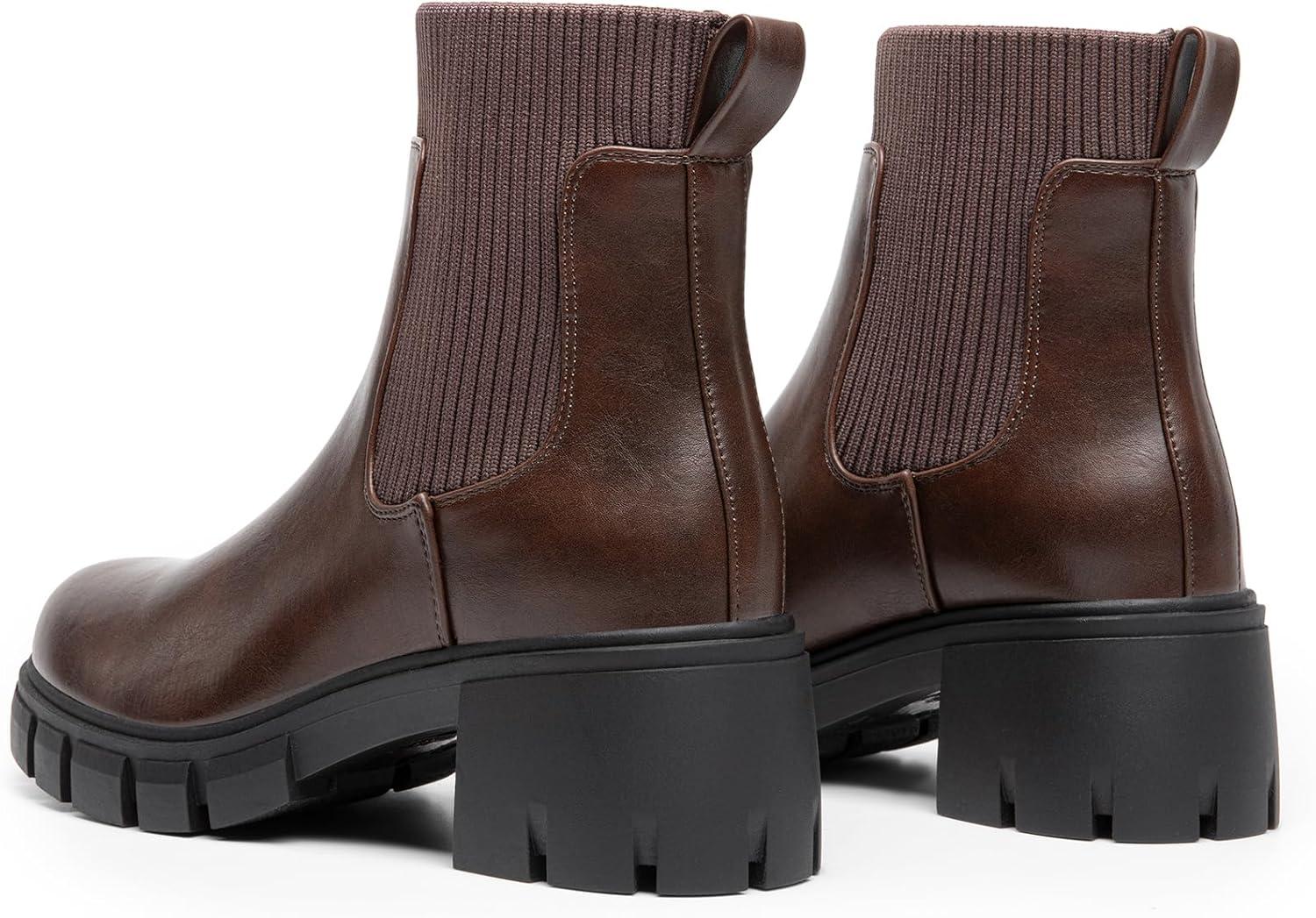 imageDREAM PAIRS Womens Elastic Chelsea Ankle Boots Fashion Low Chunky Heel Platform Lug Sole Short Booties ShoesBrown