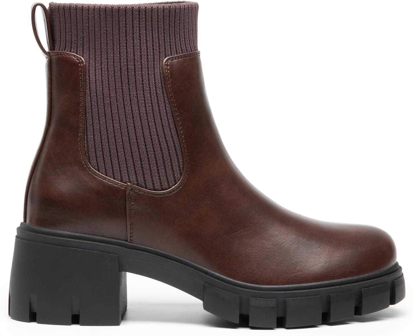 imageDREAM PAIRS Womens Elastic Chelsea Ankle Boots Fashion Low Chunky Heel Platform Lug Sole Short Booties ShoesBrown