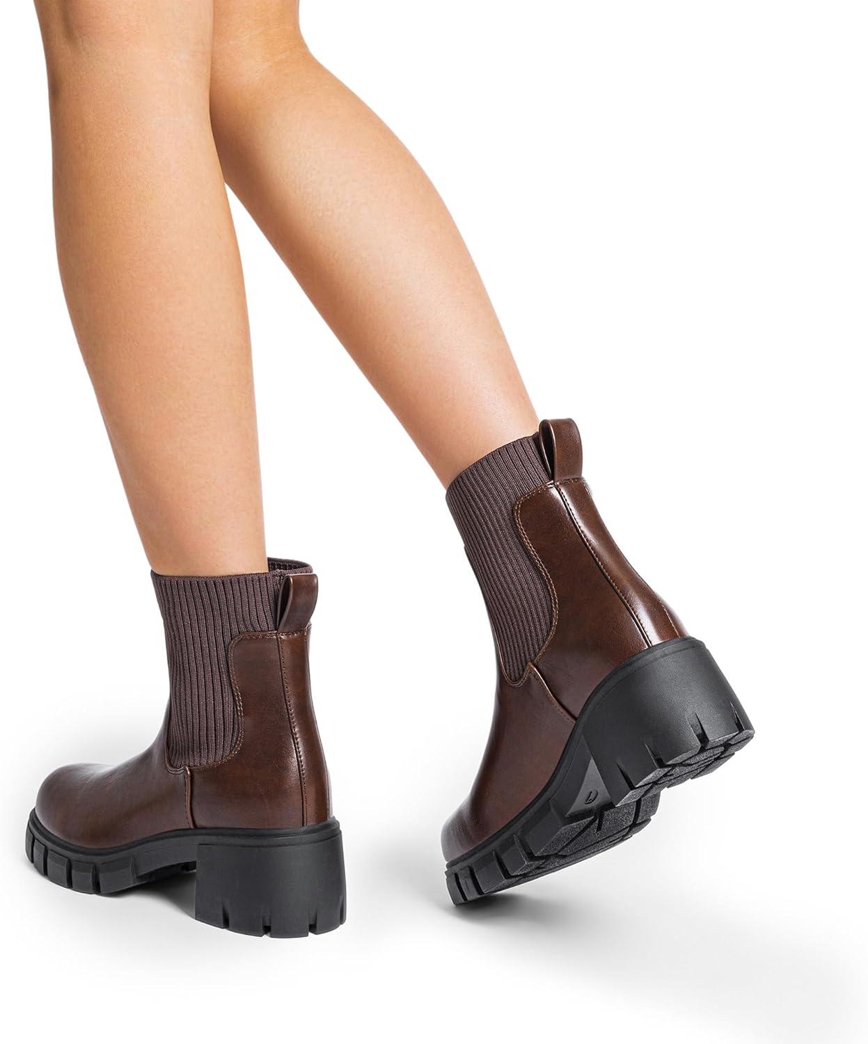 imageDREAM PAIRS Womens Elastic Chelsea Ankle Boots Fashion Low Chunky Heel Platform Lug Sole Short Booties ShoesBrown