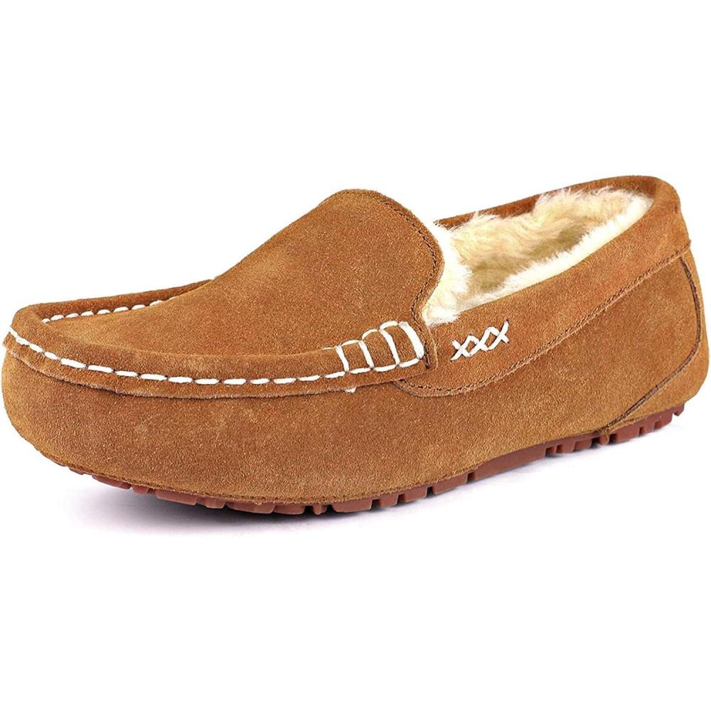 imageDREAM PAIRS Womens Fuzzy House Slippers Cozy Faux Fur Micro Suede Moccasins Slip on Loafer Shoes for Indoor and OutdoorChesnut