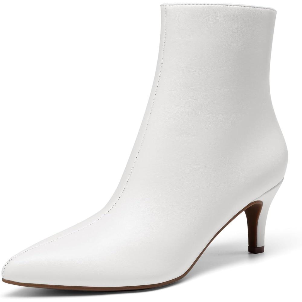 imageDREAM PAIRS Womens Kitten Heel Ankle Boots Pointed Toe Side Zipper Fall Leather Ankle Booties for Office WorkWhite