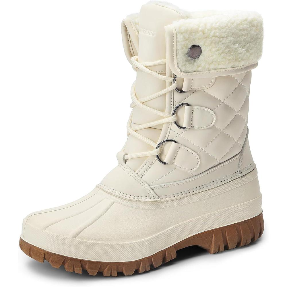 imageDREAM PAIRS Womens Winter Duck Boots Mid Calf Warm Insulated Faux Fur Lined Waterproof Lace Up Snow BootsBeige