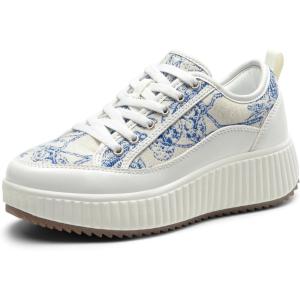 DREAM PAIRS Women Platform Chunky Lightweight Comfortable Casual Lace-Up Sky Walking Fashion Sneakers(Blue/Beige/White)