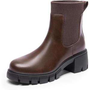 DREAM PAIRS Women’s Elastic Chelsea Ankle Boots Fashion Low Chunky Heel Platform Lug Sole Short Booties Shoes(Brown)