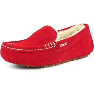 DREAM PAIRS Women’s Fuzzy House Slippers Cozy Faux Fur Micro Suede Moccasins Slip on Loafer Shoes for Indoor and Outdoor(Red)